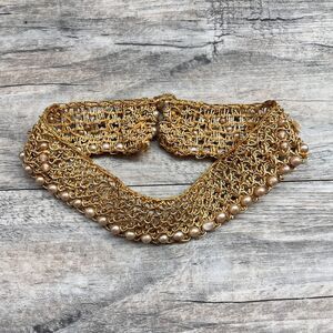 Vintage Gold Chain Fabric Pearl Choker Statement Necklace Retro Glam Collar